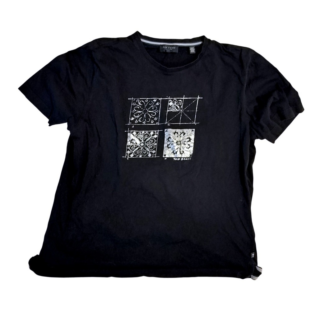 Ted Baker Cotton Graphic Tile Print T Shirt‎ Unisex Black Short Sleeve Tee Y2K